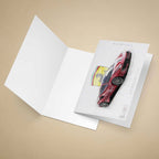 Greeting card of a red Ferrari 488 Pista sports car with Ferrari logo on a beige background