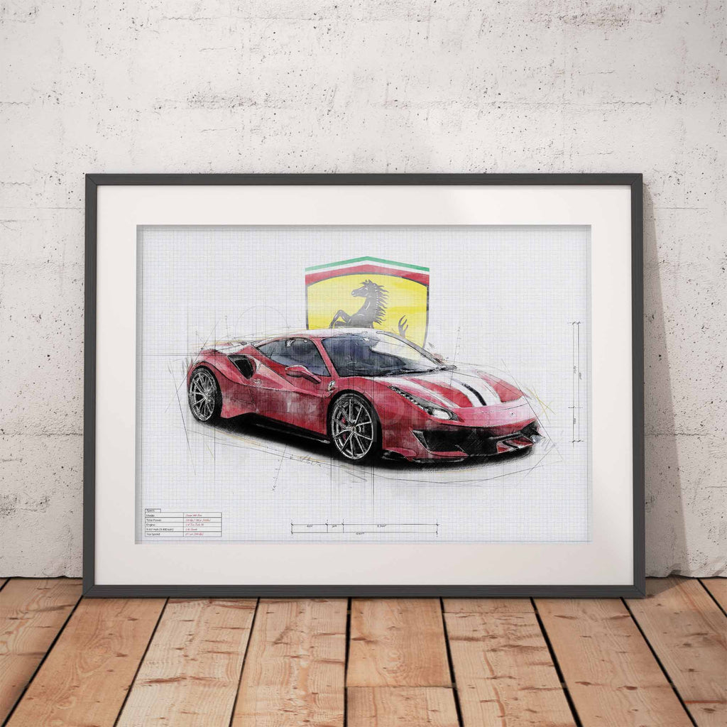 Framed artwork of a red Ferrari 488 Pista with Ferrari logo on a white background