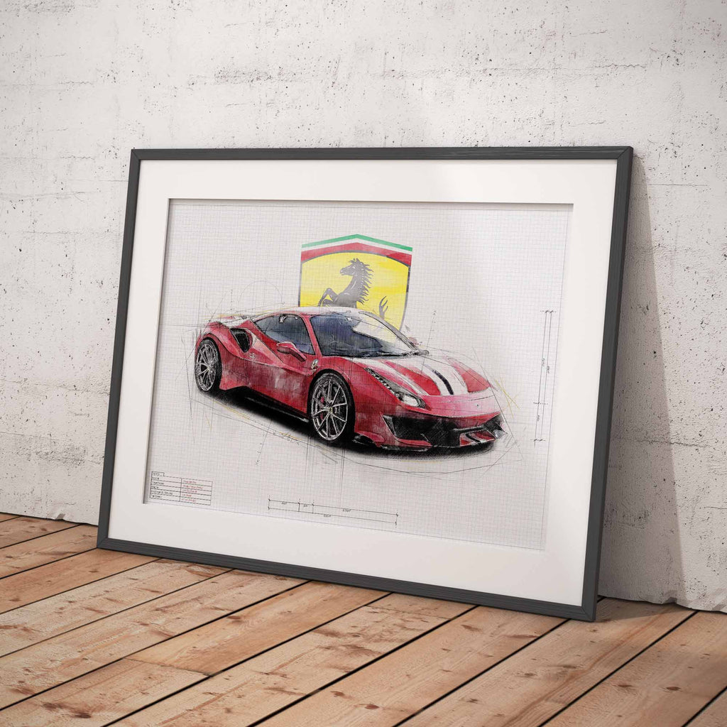 Framed artwork of a red Ferrari 488 Pista sports car with a Ferrari logo on a white brick wall background.