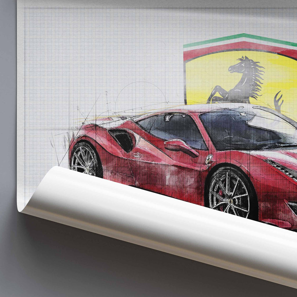 Poster of a Ferrari 488 Pista sports car with Ferrari logo on a white background