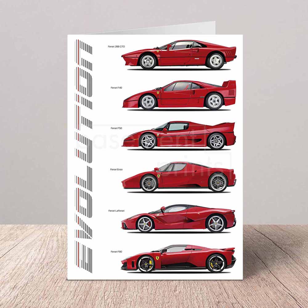 Greeting card with images of red Ferrari cars on a white background