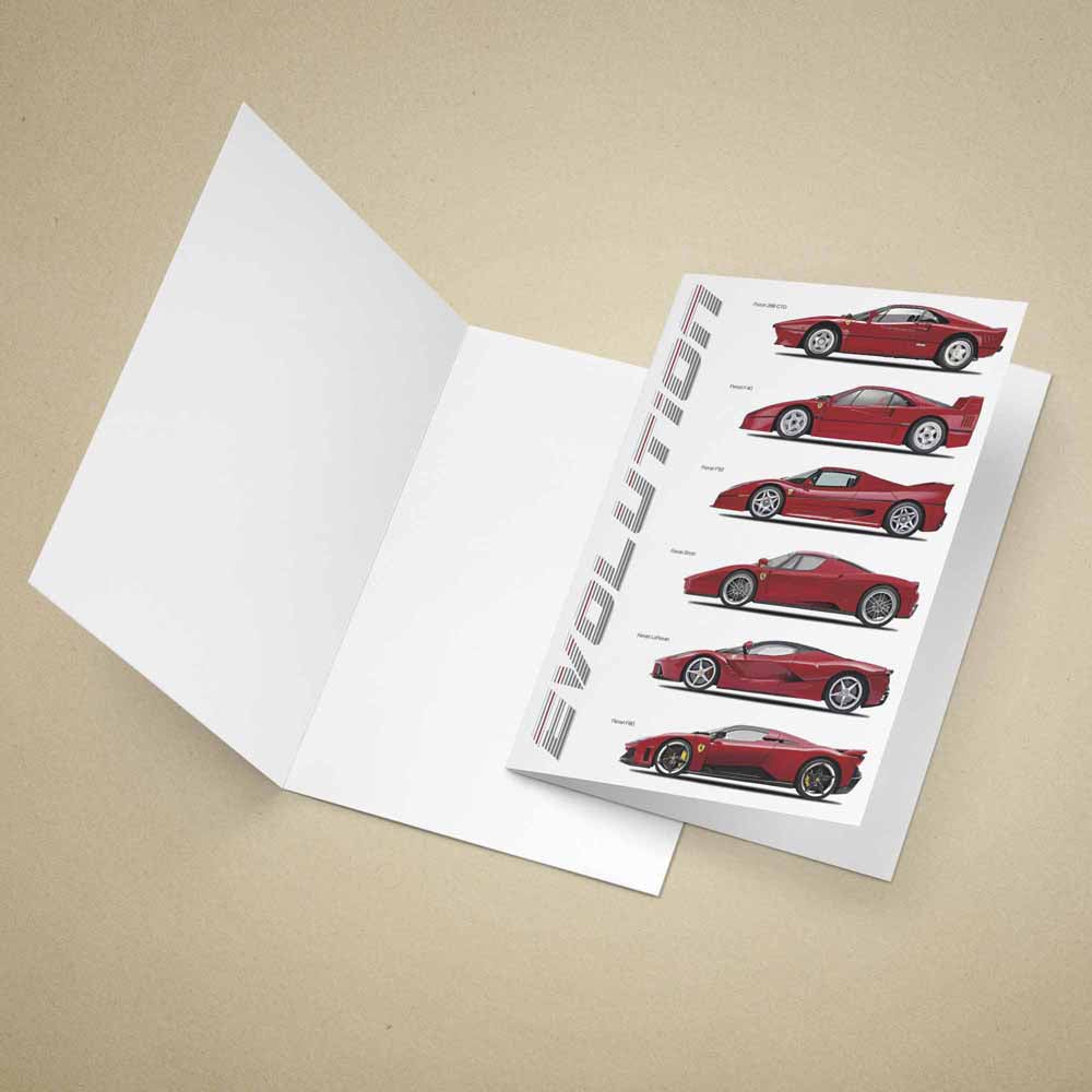 Greeting card with images of red Ferrari cars on a beige background