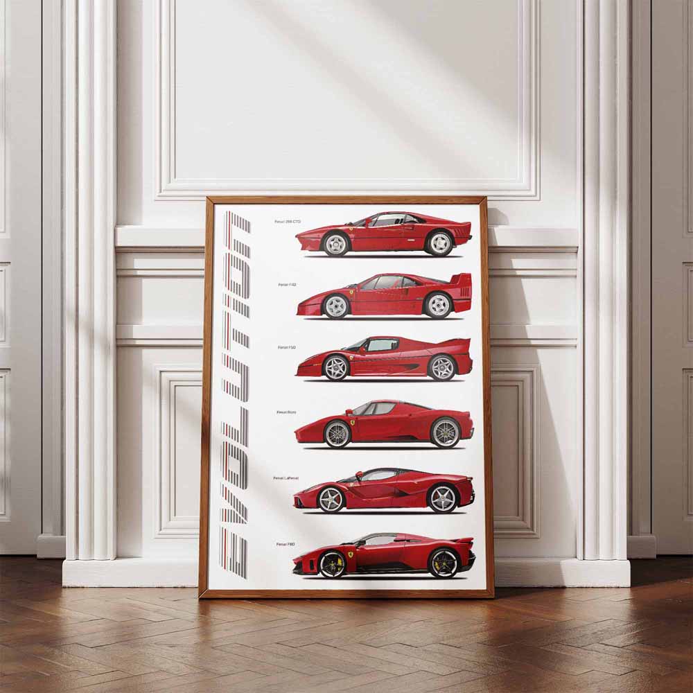 Framed poster of a red Ferrari car evolution on a white wall.