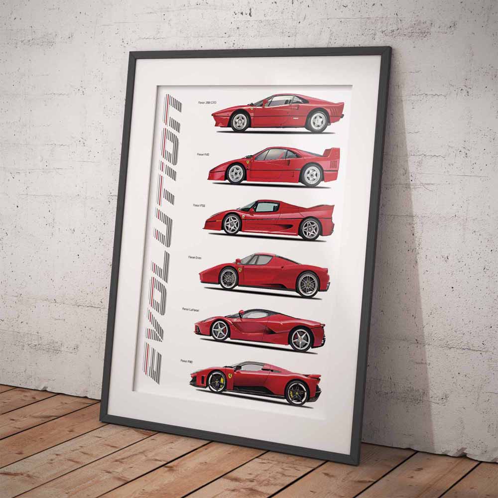 Framed poster of a red Ferrari car evolution on a white background, leaning against a white brick wall.