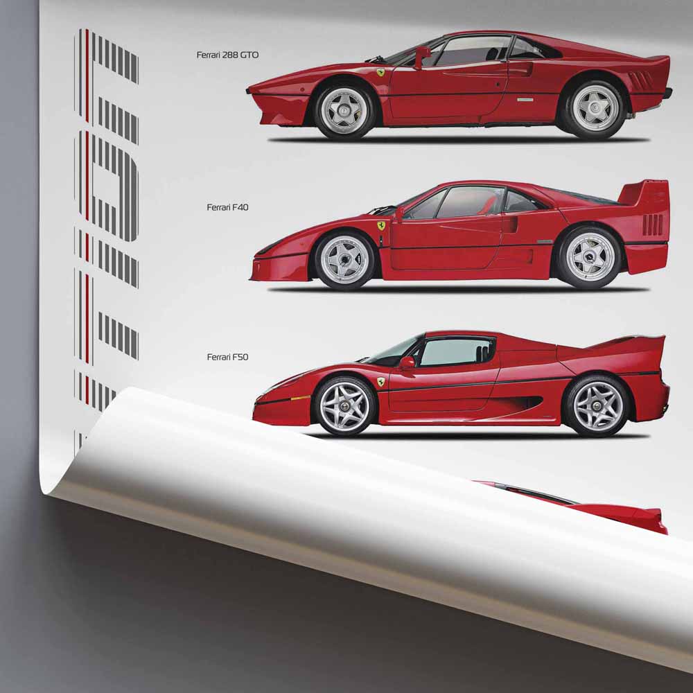 Rolled poster with red Ferrari cars displayed on a white background with a gray border.