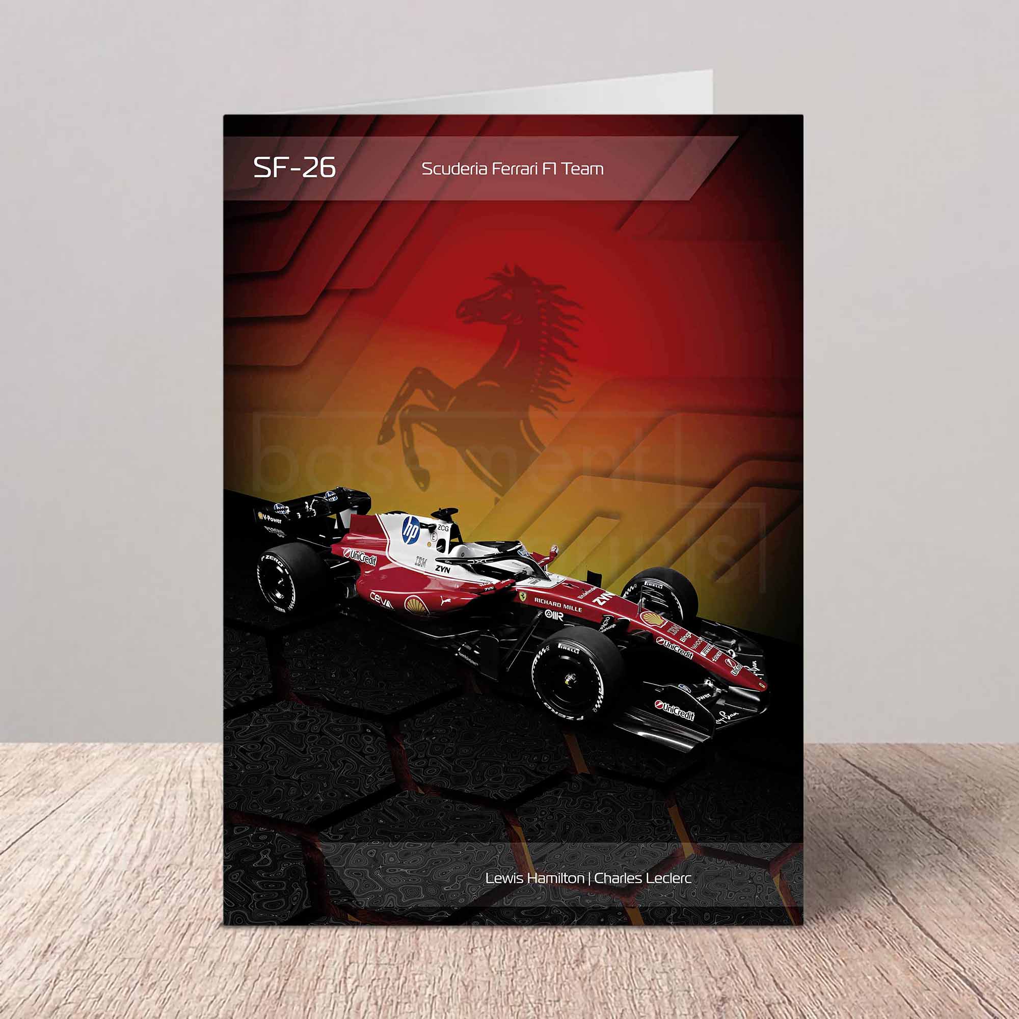 Greeting card of the Ferrari SF-26 2026 Formula 1 car on a grey background