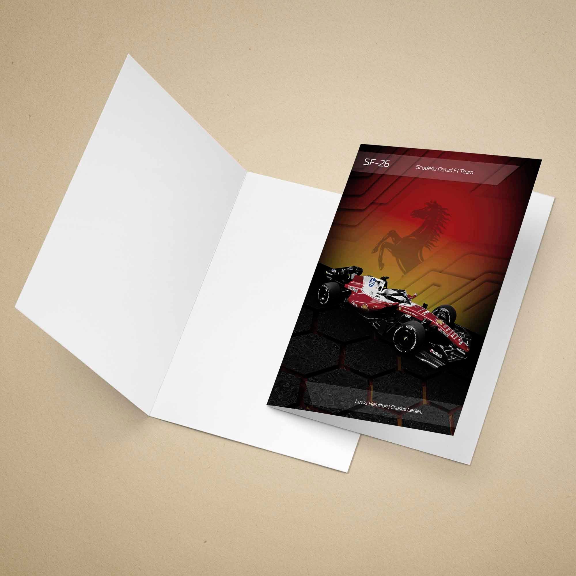Greeting card of the Ferrari SF-26 2026 Formula 1 car on a beige background