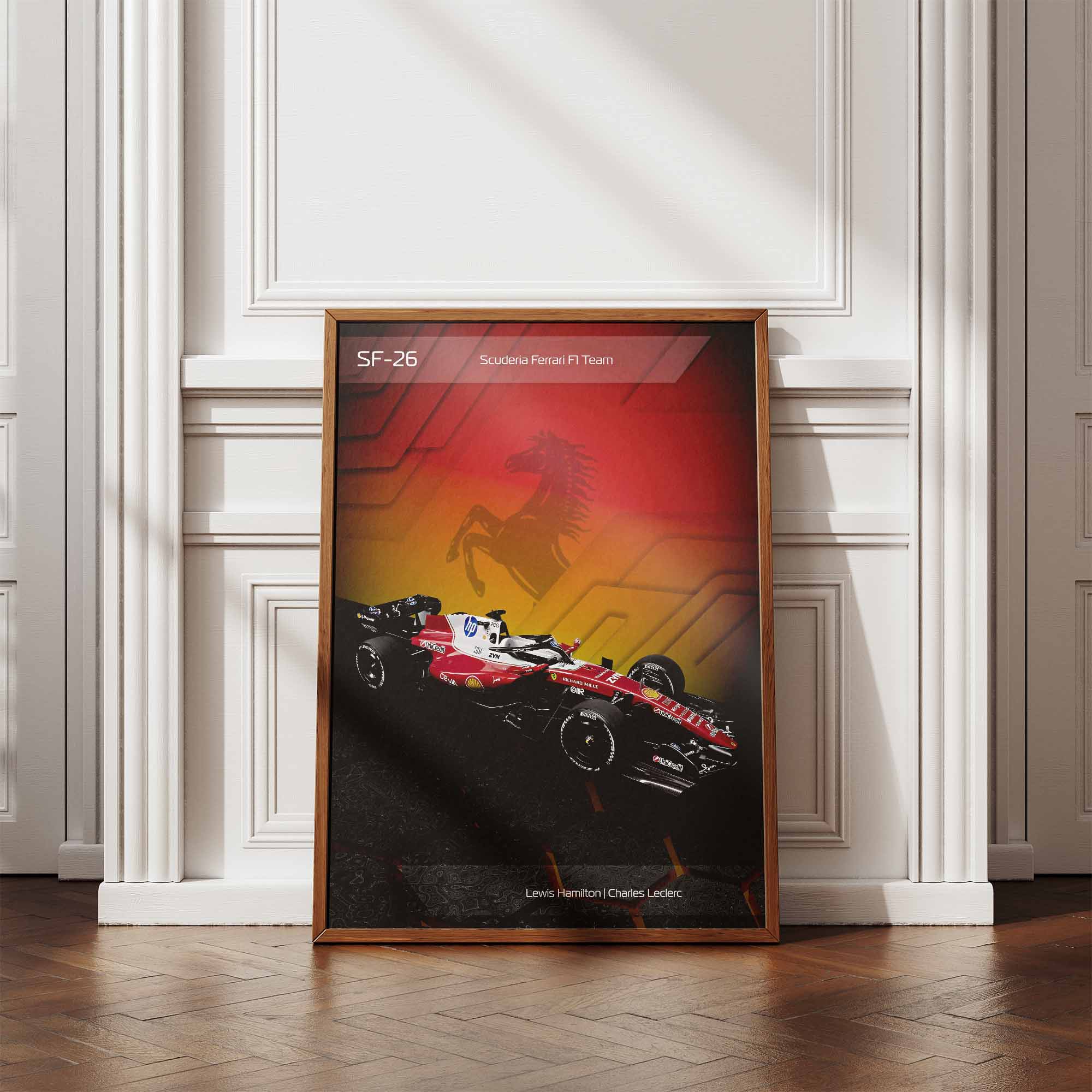 Framed poster of the Ferrari SF-26 2026 Formula 1 car leaning against a wall