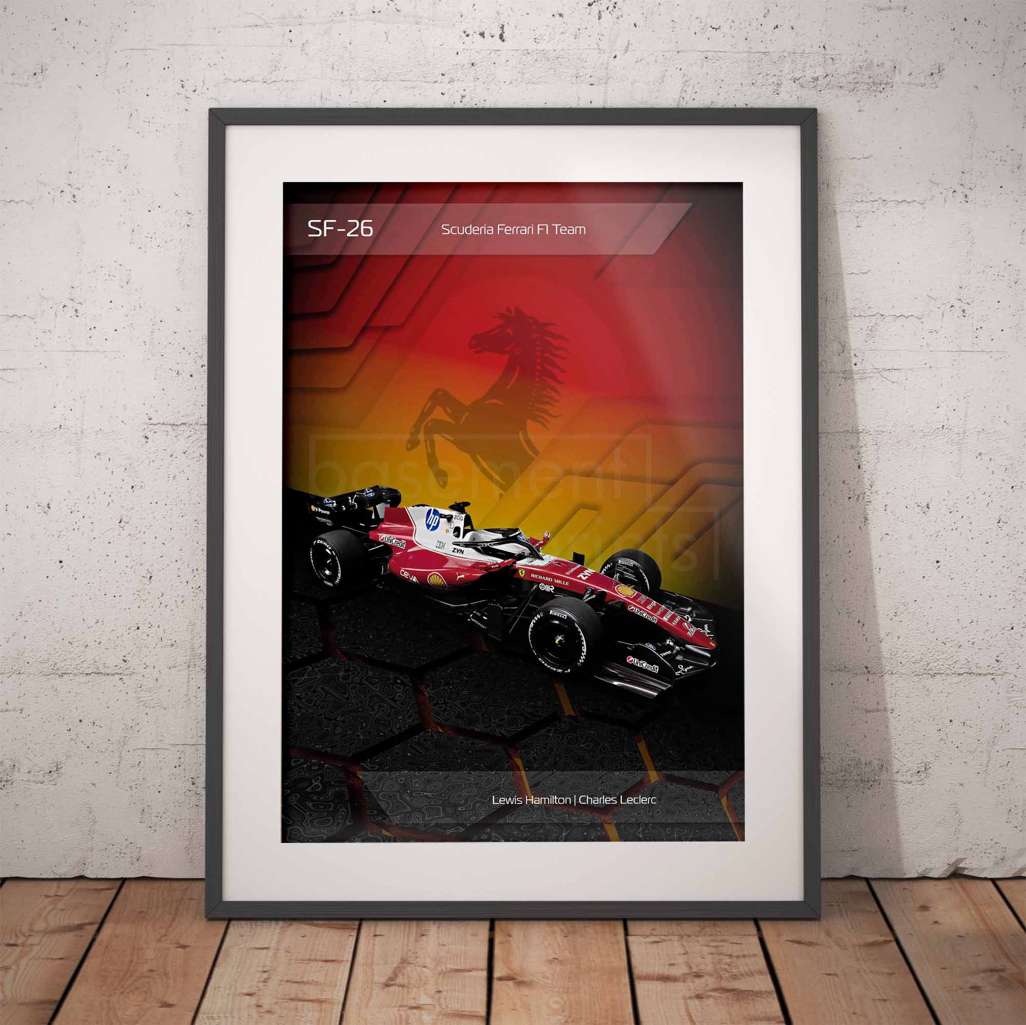 Framed poster of the Ferrari SF-26 2026 Formula 1 car on a brick wall background