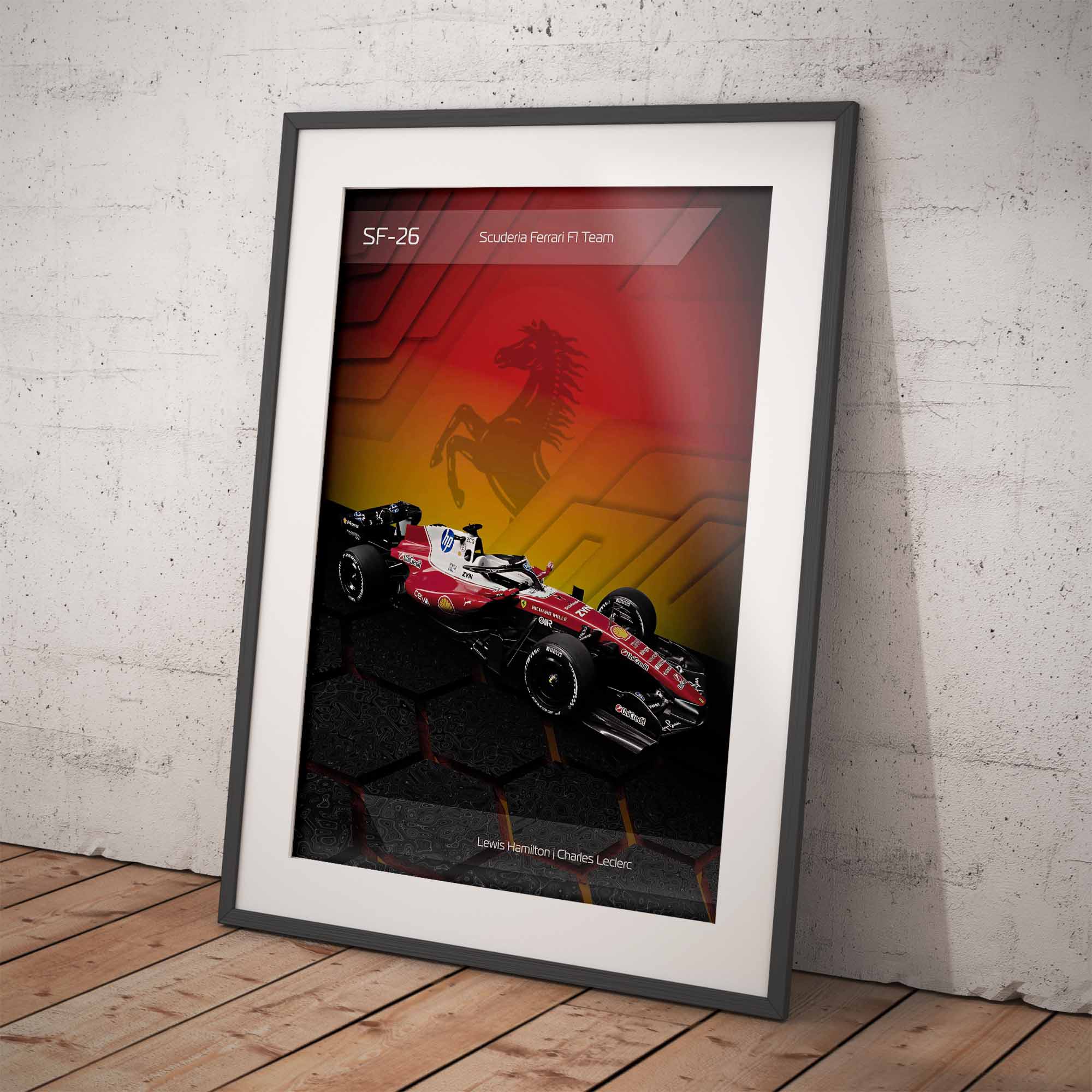 Framed poster of the Ferrari SF-26 2026 Formula 1 car on a white brick wall background