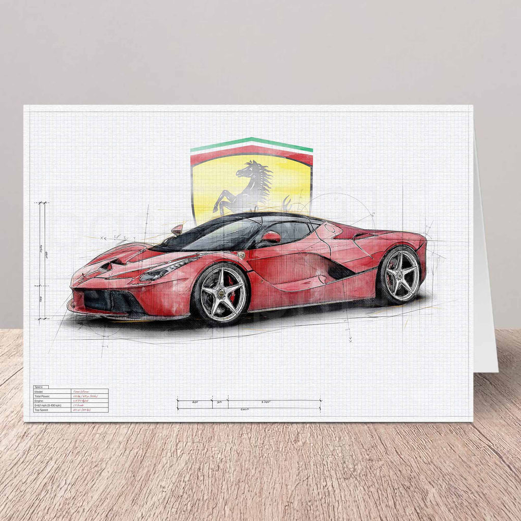 Greeting card of a red Ferrari LaFerrari sports car with Ferrari logo on a white background