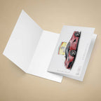 Greeting card of a red Ferrari LaFerrari sports car with Ferrari logo on a beige background