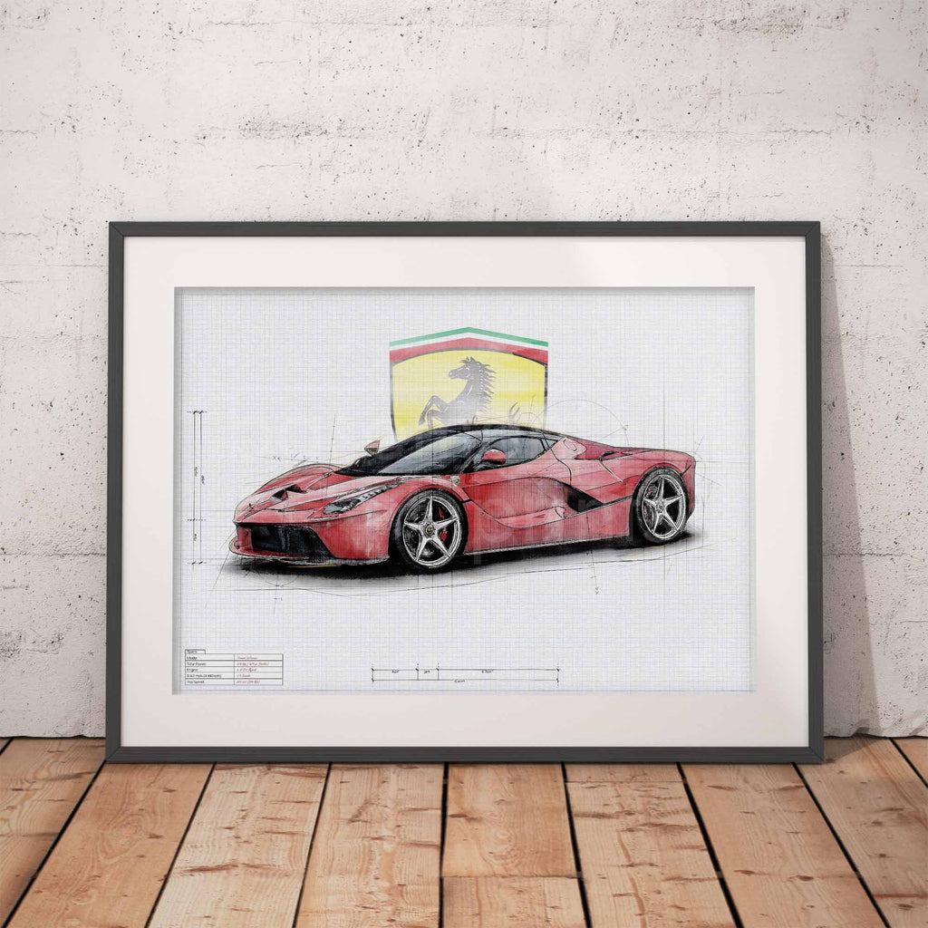Framed artwork of a red Ferrari LaFerrari sports car with Ferrari logo on a white background