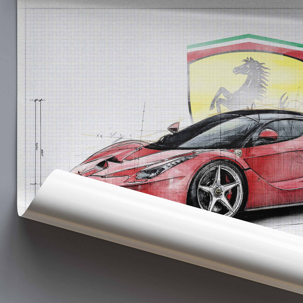 Rolled poster of a red Ferrari LaFerrarisports car with Ferrari logo on a white background