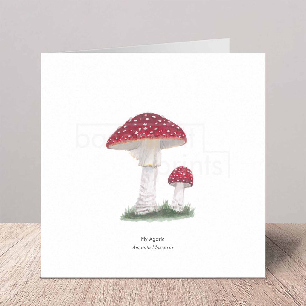 Greeting card watercolour of a fly agaric mushroom on a white background
