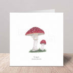 Greeting card watercolour of a fly agaric mushroom on a white background