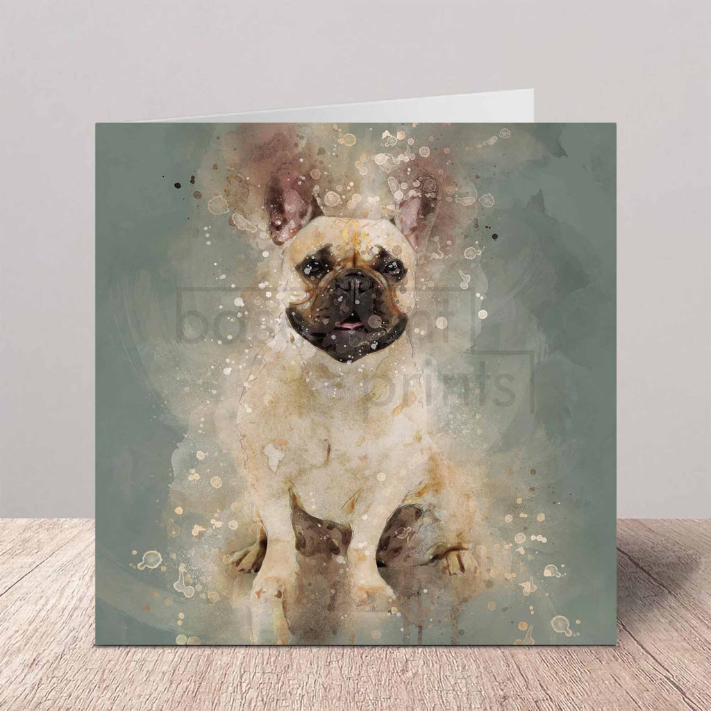 Greeting card with a French Bulldog illustration on a gray background