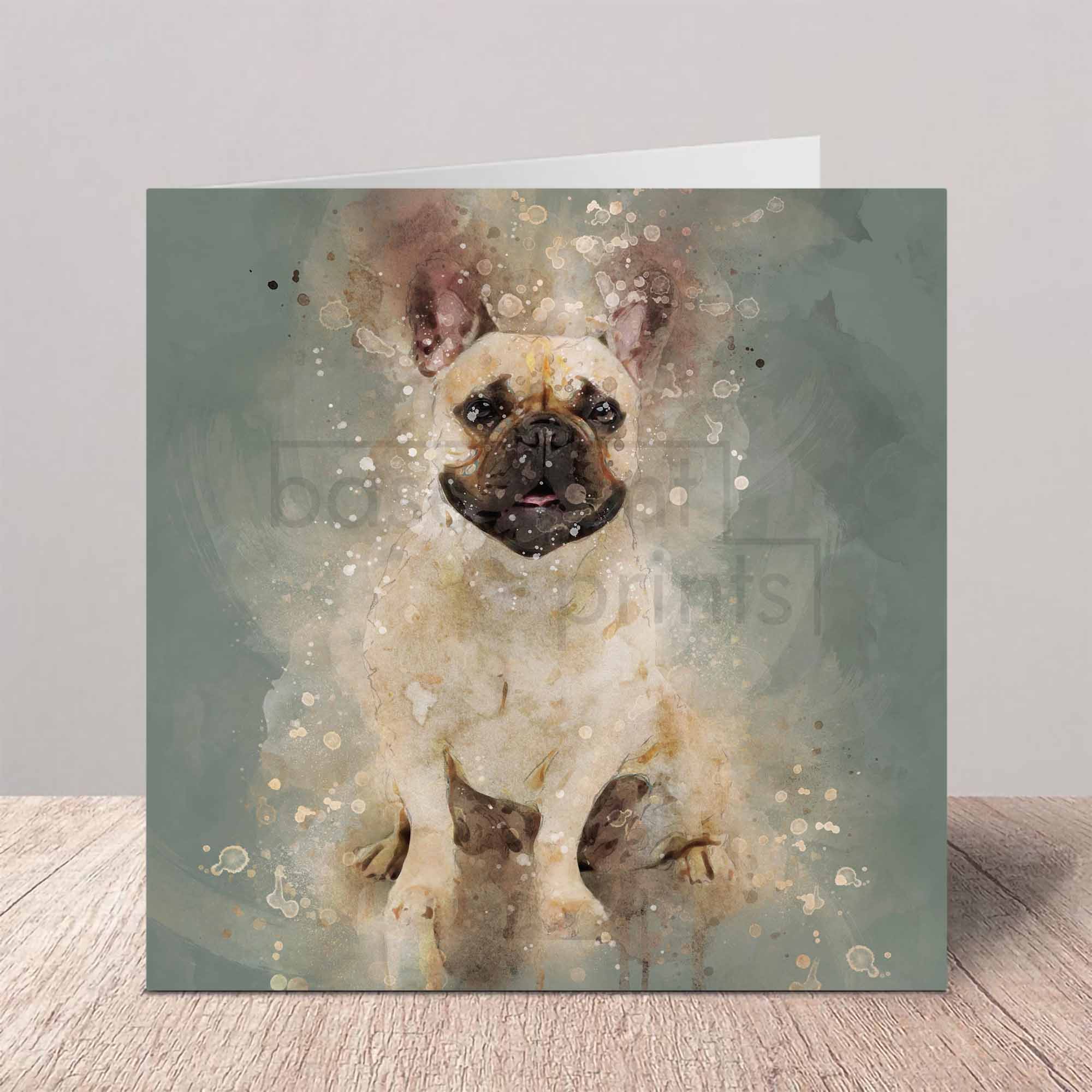 Greeting card with a French Bulldog illustration on a gray background