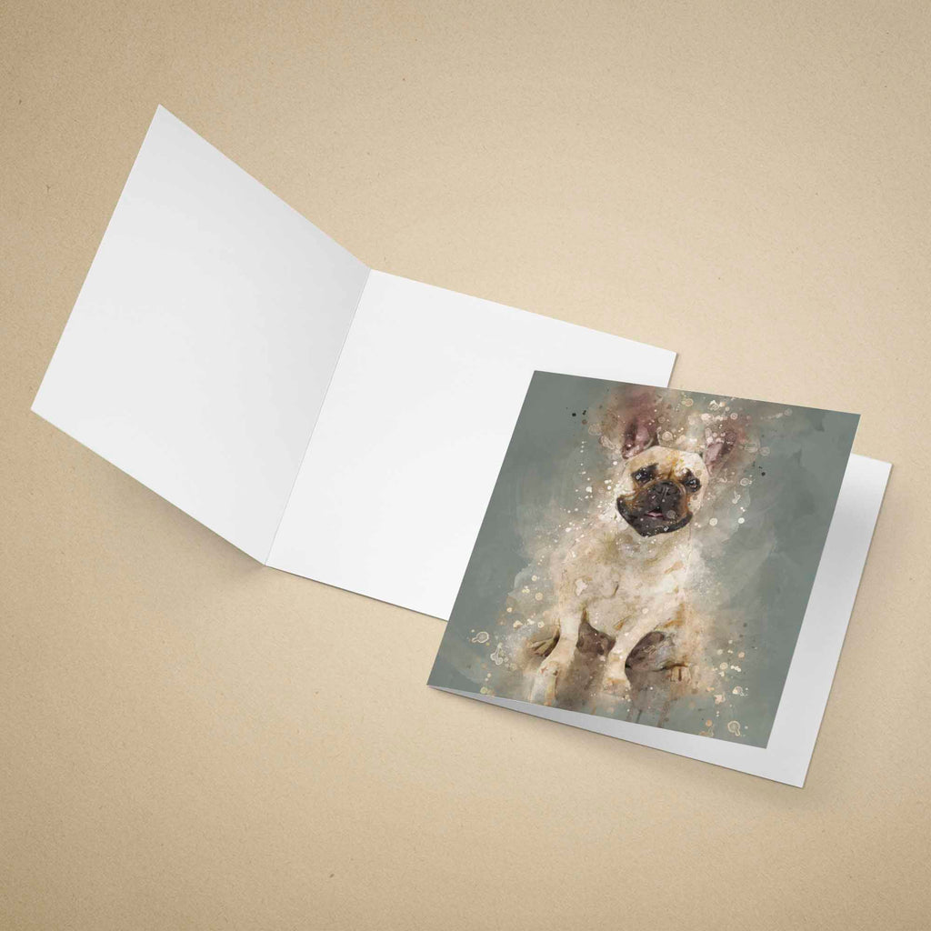 Greeting card with a French Bulldog illustration on a beige background
