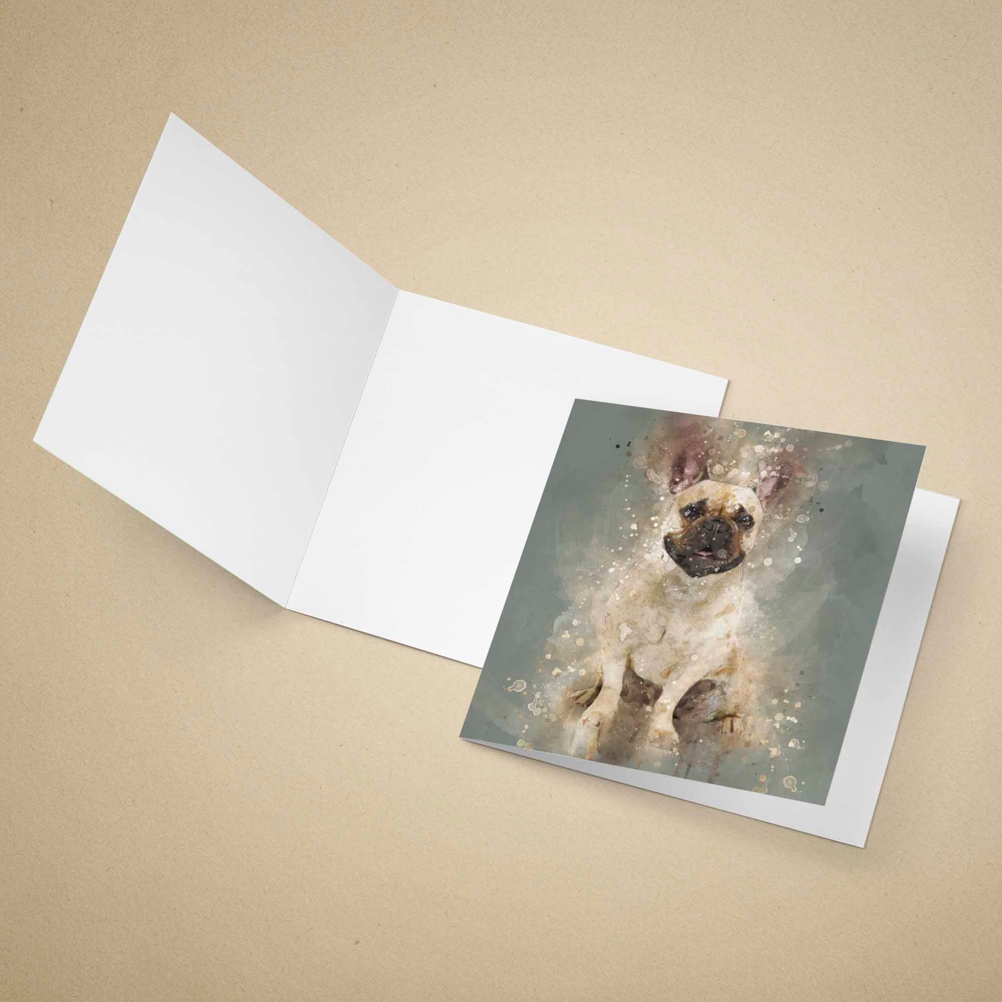Greeting card with a French Bulldog illustration on a beige background
