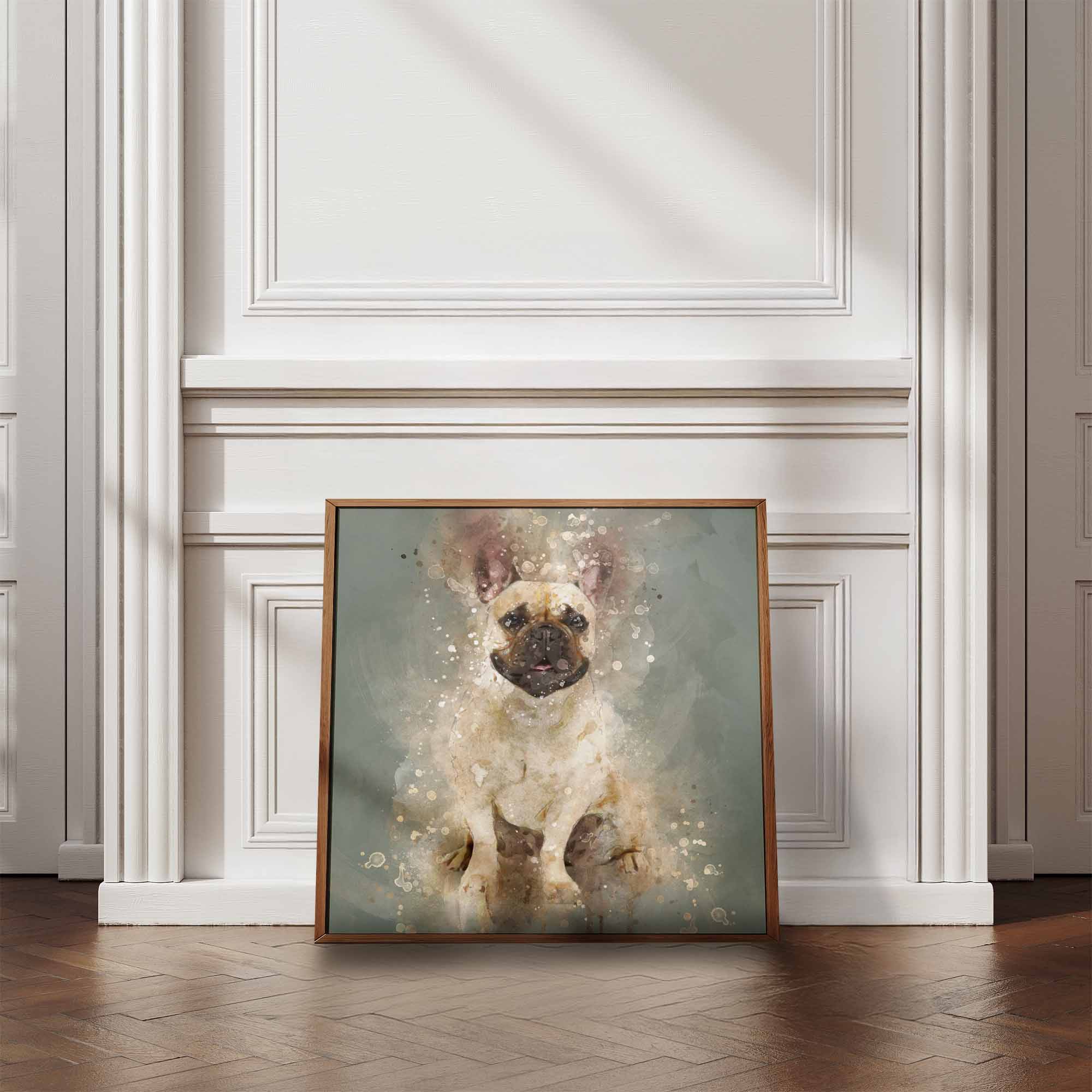 Framed artwork of a French Bulldog on a wall in a room with wooden flooring and white walls.