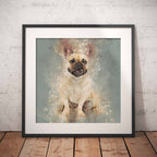 Framed artwork of a French Bulldog on a textured wall.
