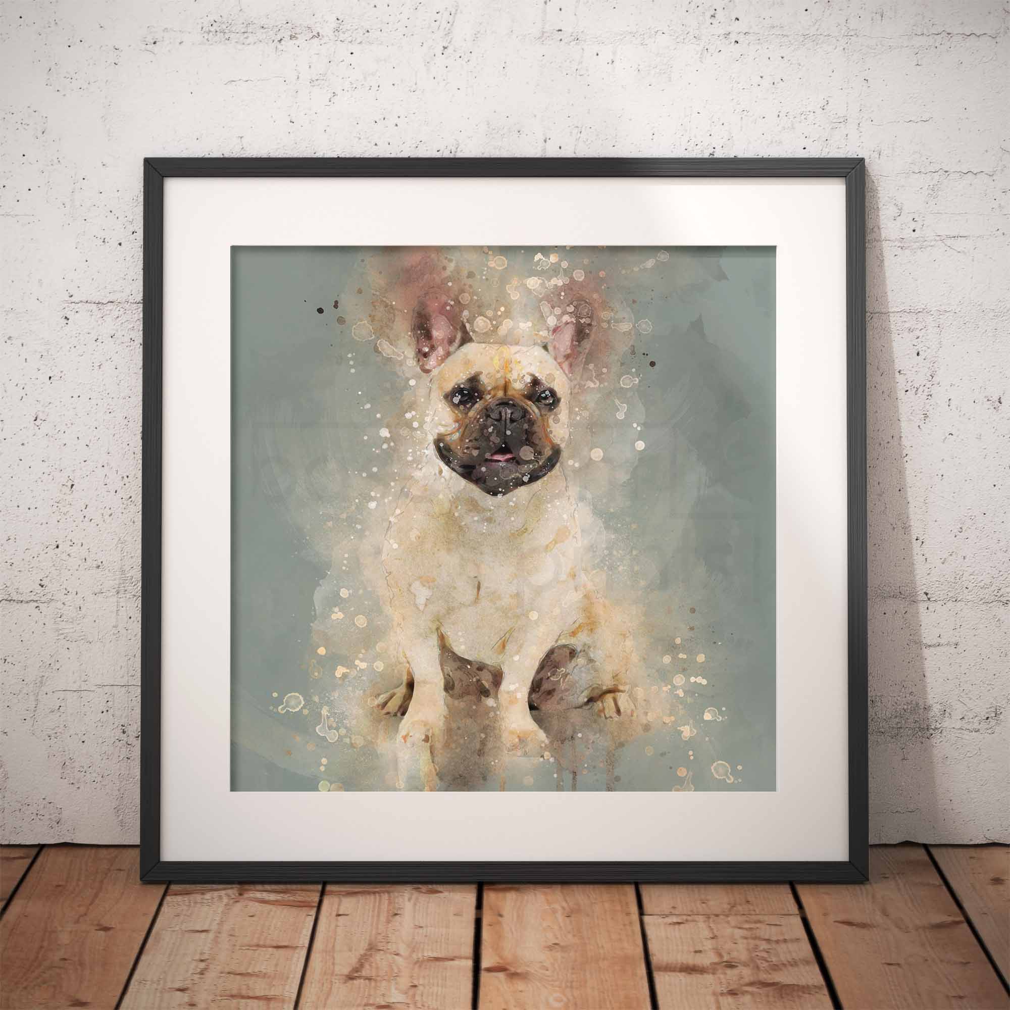Framed artwork of a French Bulldog on a textured wall.