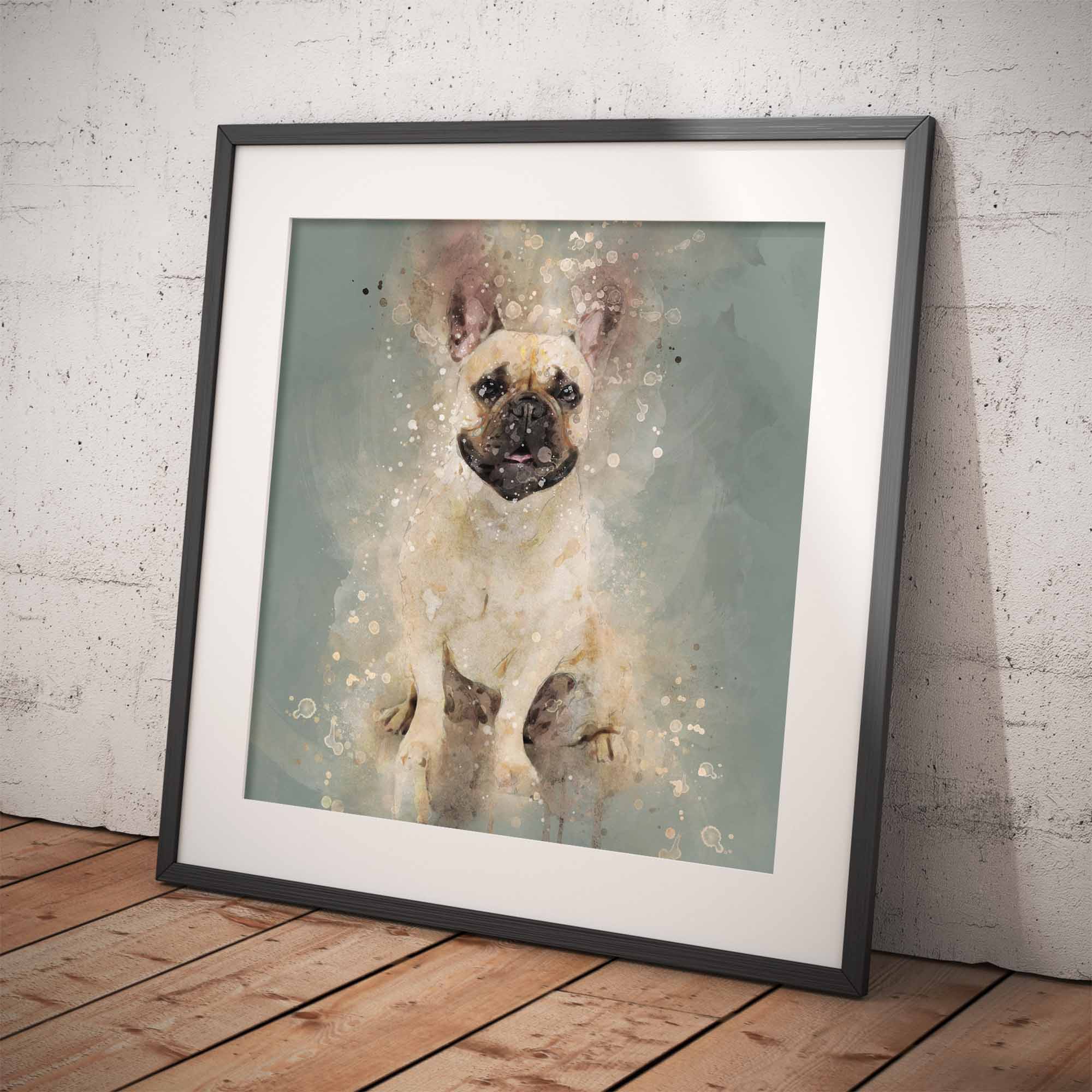 Framed artwork of a French Bulldog on a wooden floor with a white brick wall background