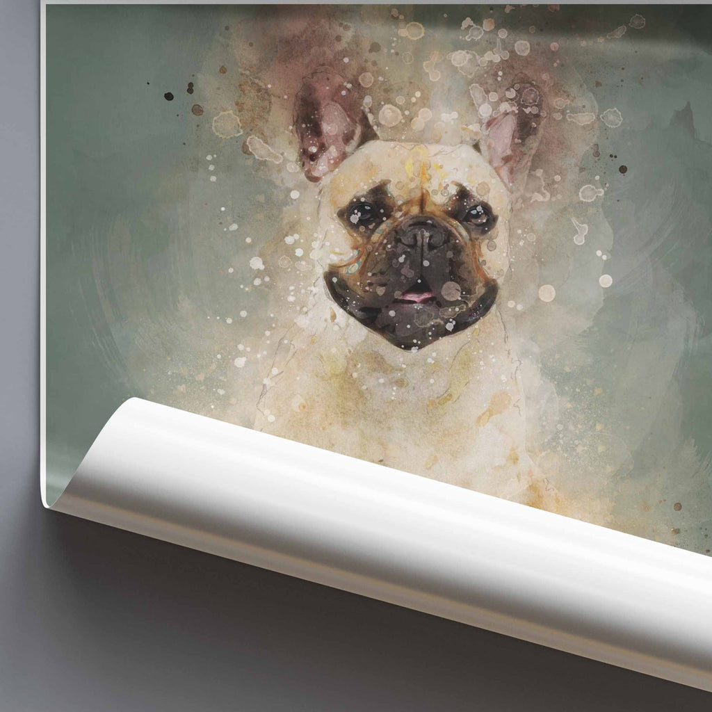 Rolled poster of a French Bulldog with watercolor texture on a gray background