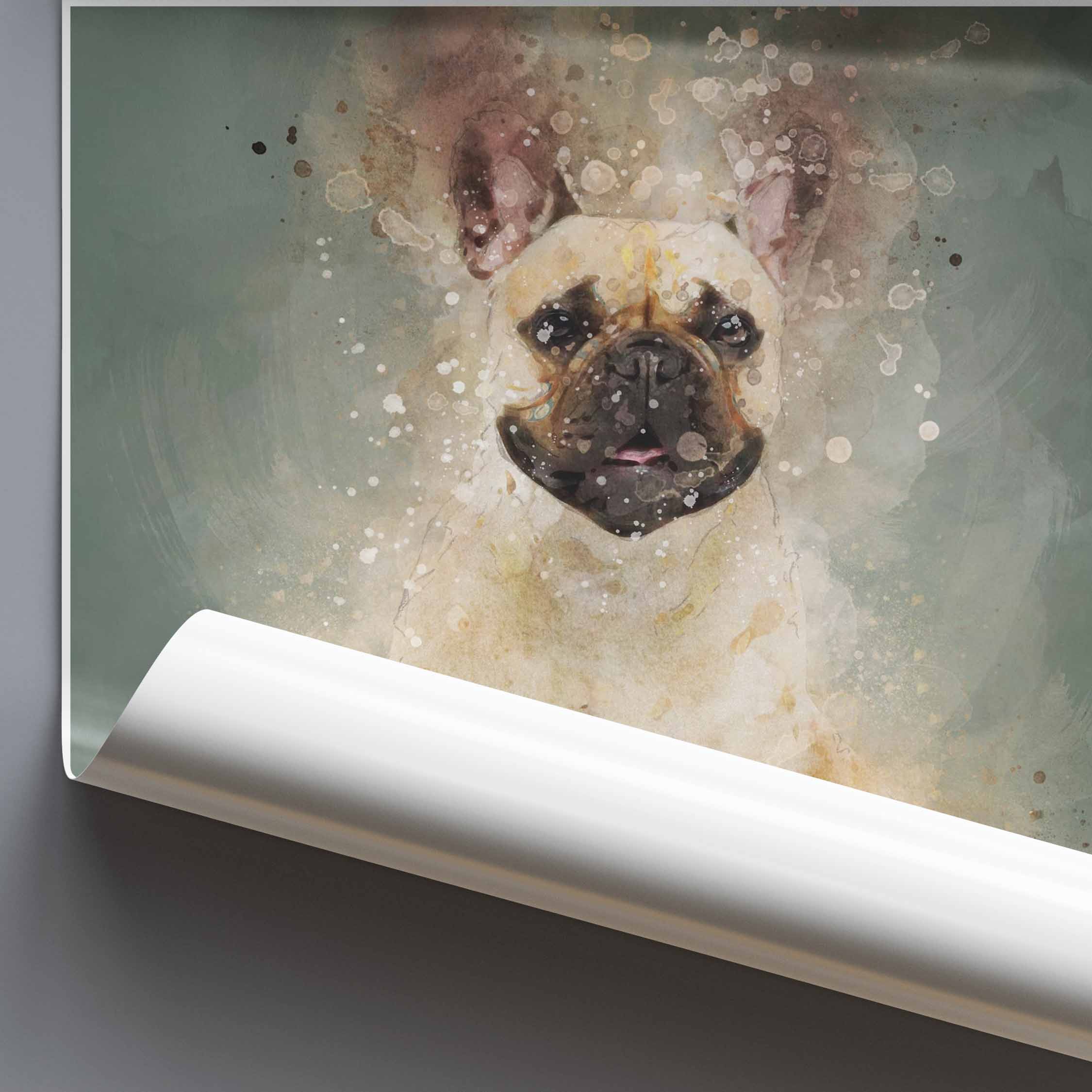 Rolled poster of a French Bulldog with watercolor texture on a gray background