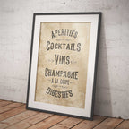 Framed poster with vintage-style text on a rustic wall.