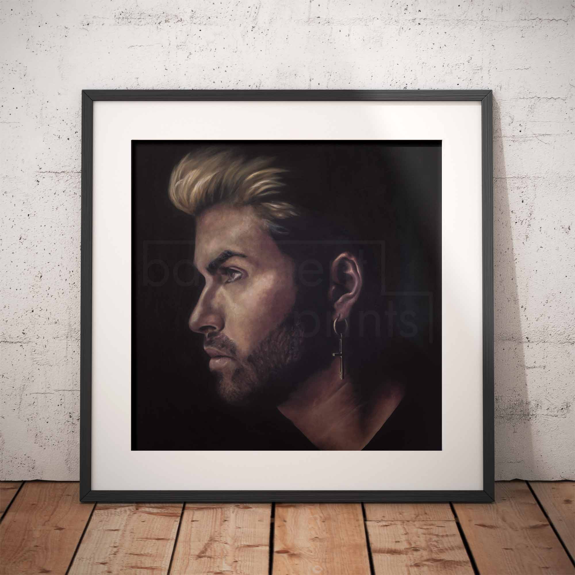 Framed portrait of George Michael on a brick wall background
