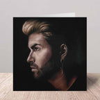 Greeting card with a portrait of George Michael on a wooden floor.