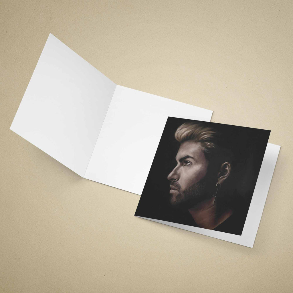 Greeting card with a portrait of George Michael on a beige background