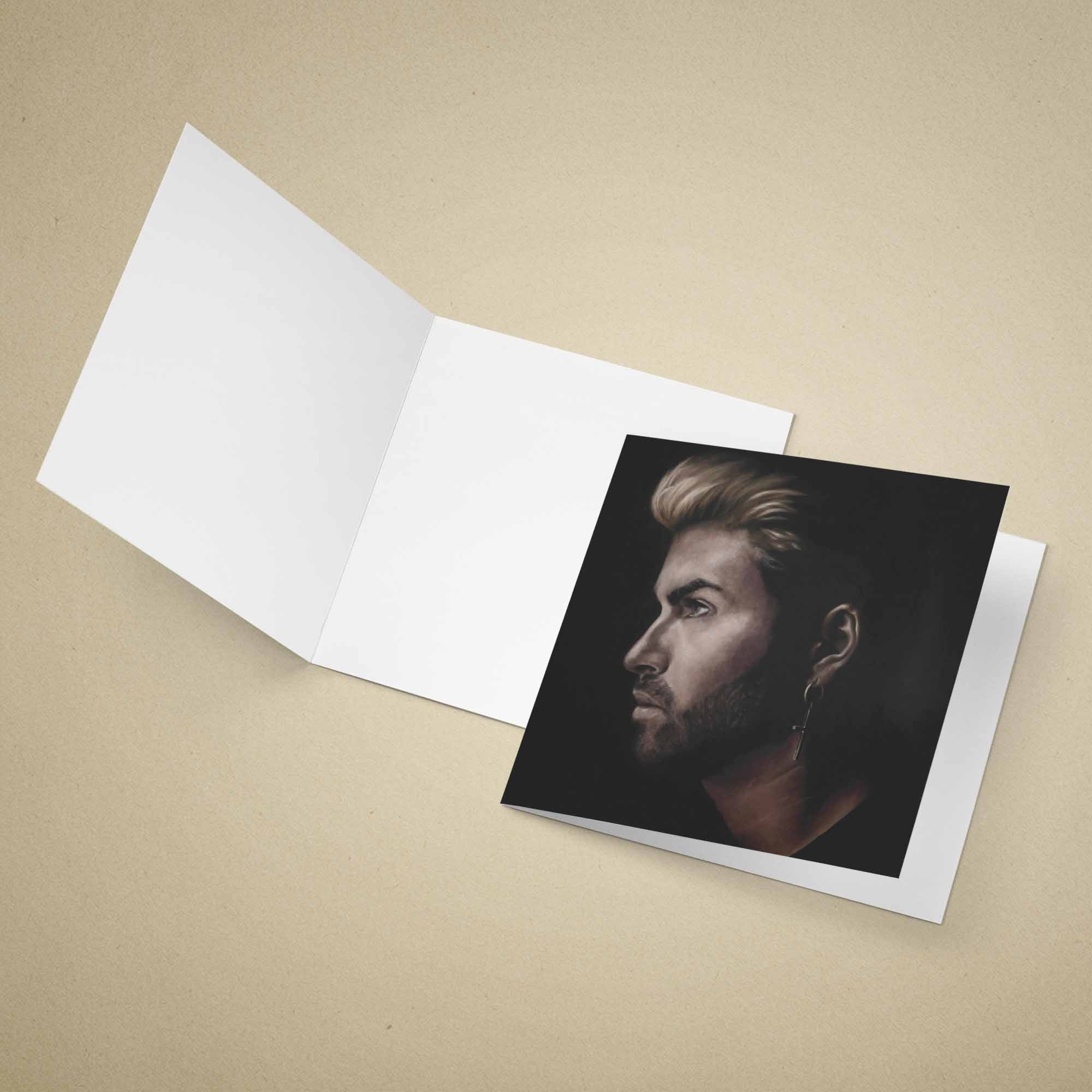 Greeting card with a portrait of George Michael on a beige background