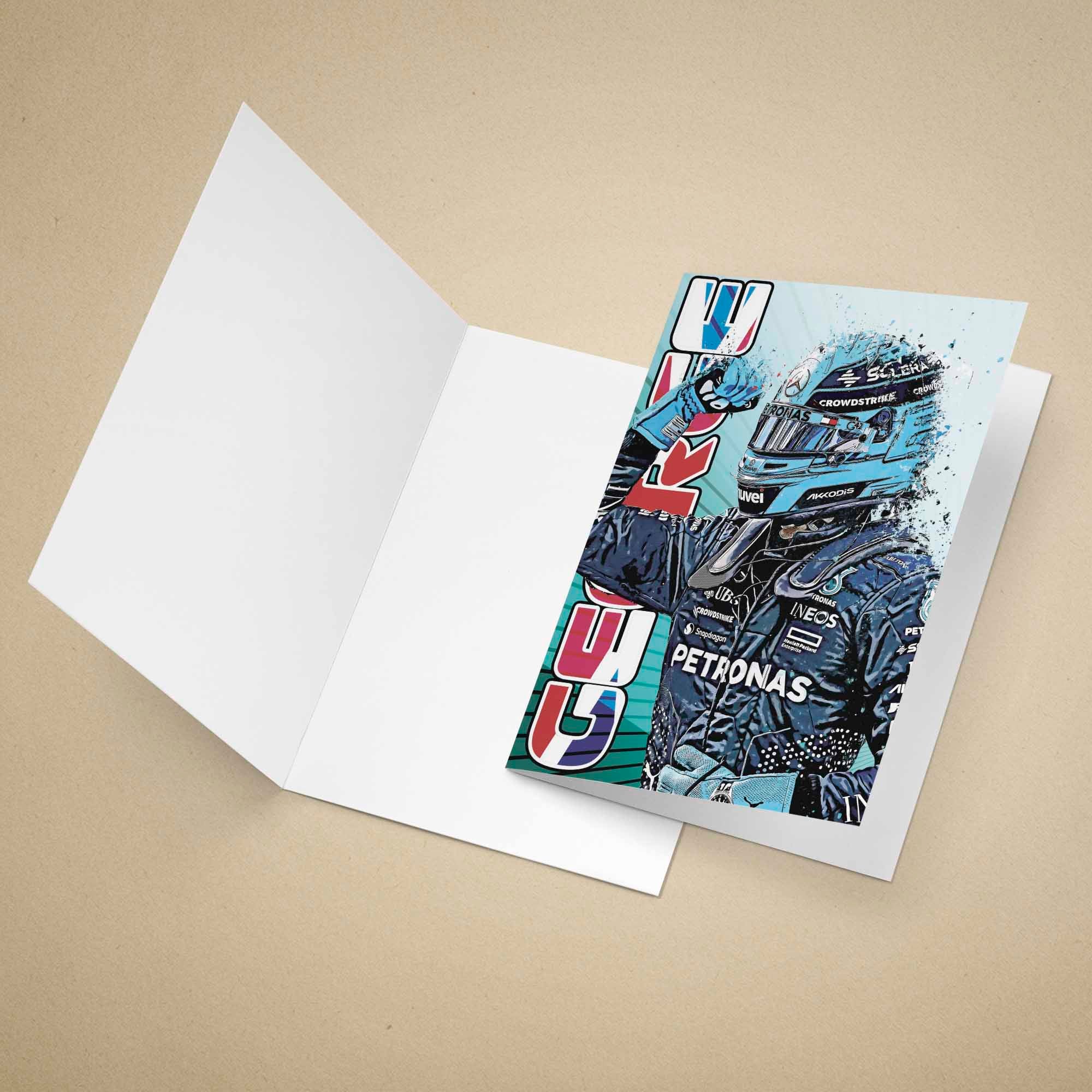 Greeting Card of George Russell after his Pole in Canada on a beige background.