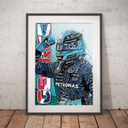 Framed artwork of George Russell after his Pole in Canada on a white brick wall and wooden floor.