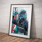 Framed artwork of George Russell after his Pole in Canada on a white wall.