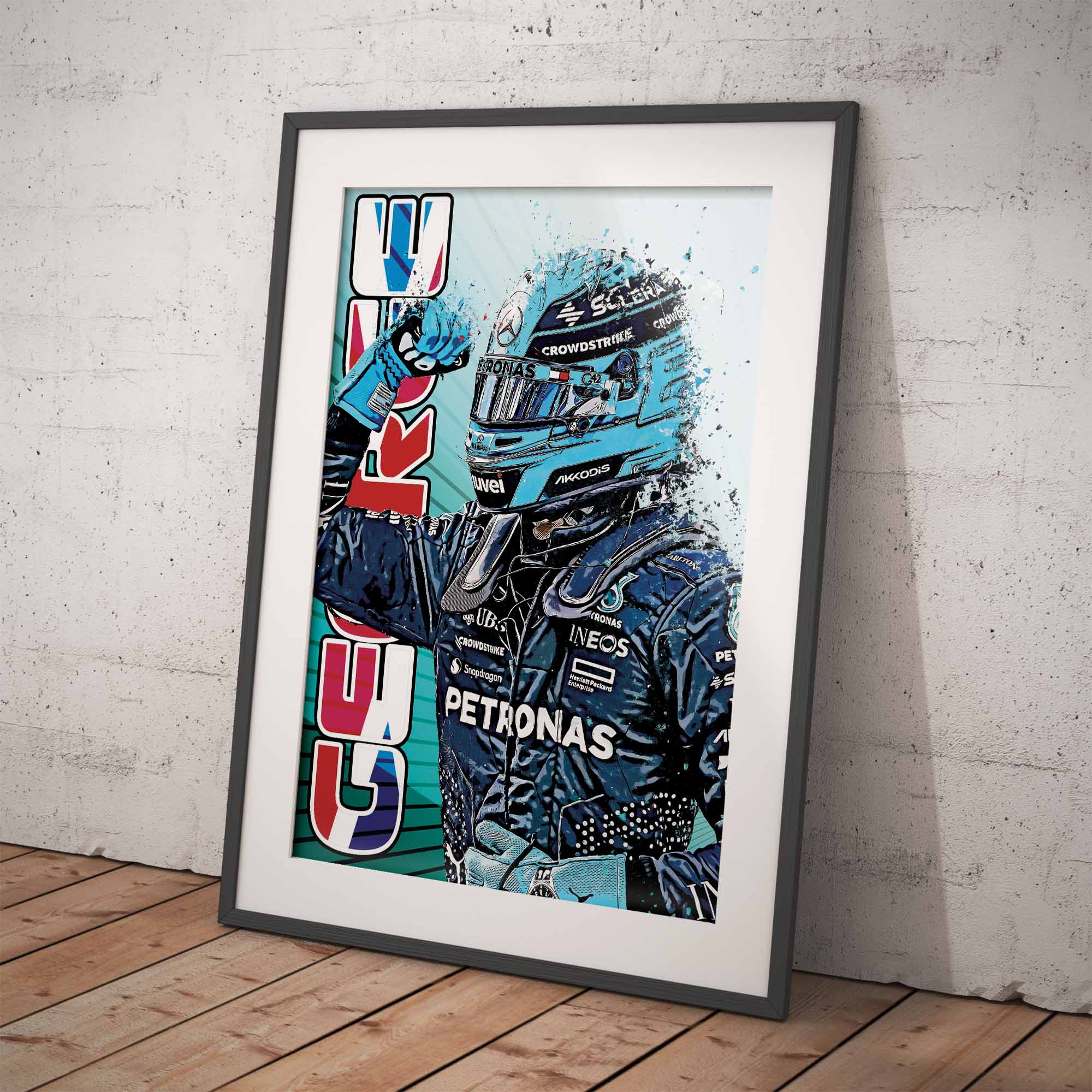 Framed artwork of George Russell after his Pole in Canada on a white wall.