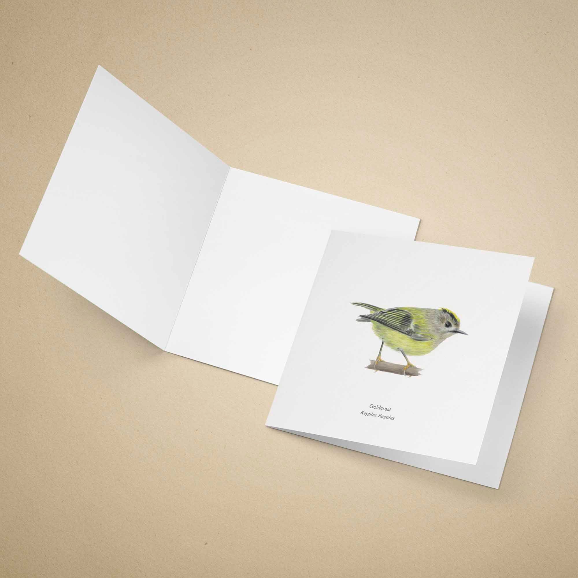 Greeting card with a goldcrest illustration on a beige background
