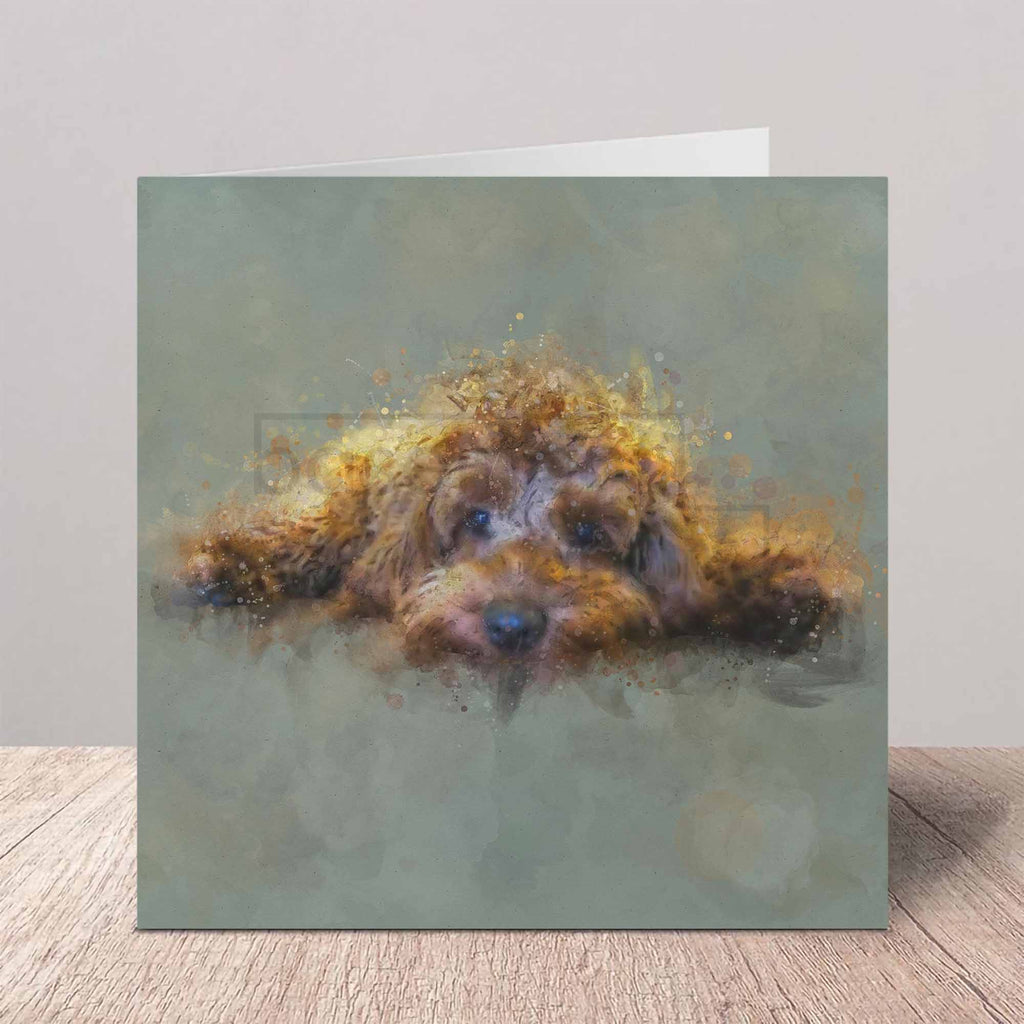 Greeting card with a golden cockapoo dog illustration on a white background
