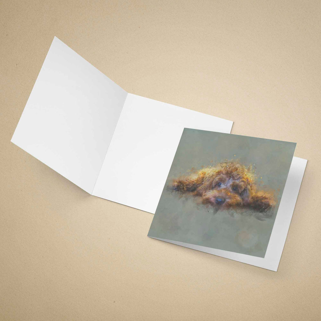 Greeting card with a golden cockapoo dog illustration on a beige background