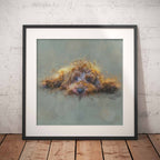 Framed artwork of a golden cockapoo dog on a gray background, leaning against a textured wall.