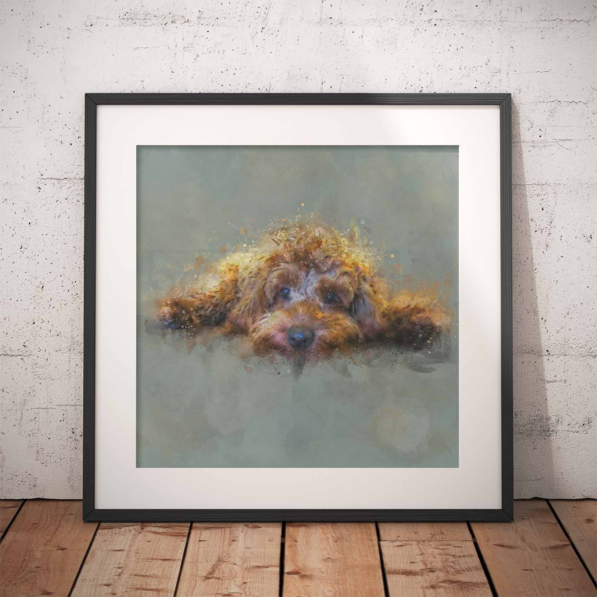 Framed artwork of a golden cockapoo dog on a gray background, leaning against a textured wall.