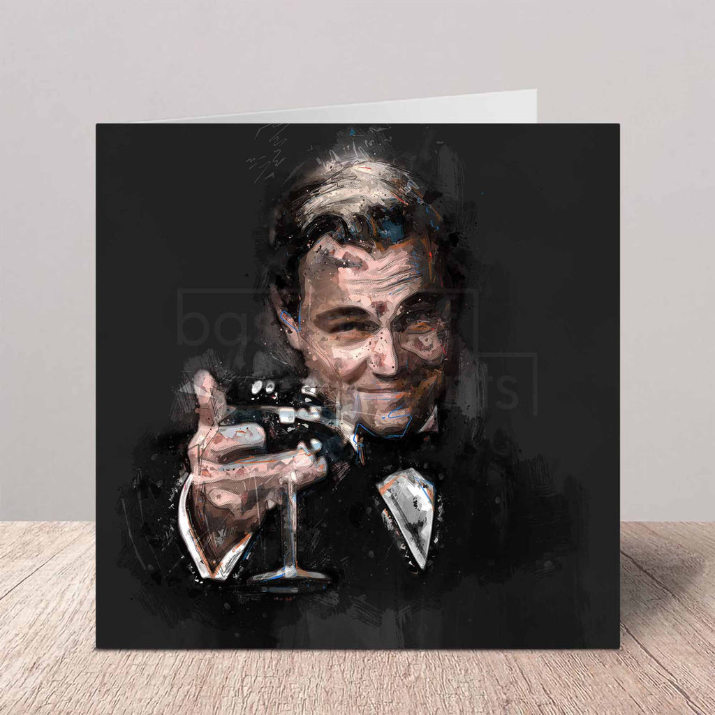 Greeting card of a stylised artwork of The Great Gatsby celebratory cheers on a wooden table.