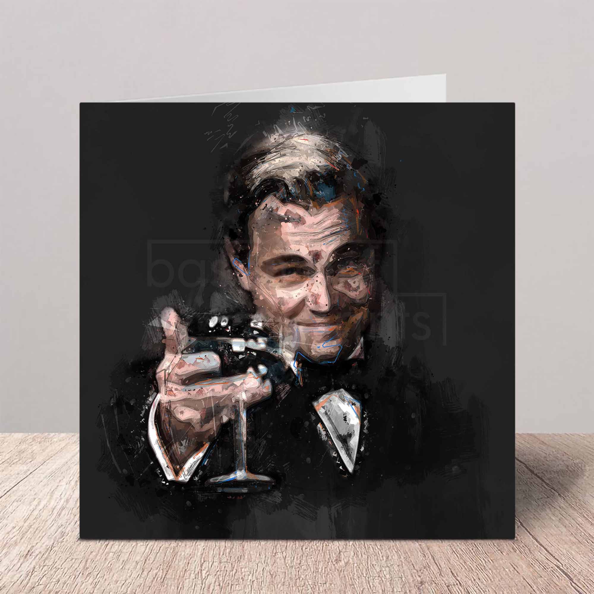 Greeting card of a stylised artwork of The Great Gatsby celebratory cheers on a wooden table.