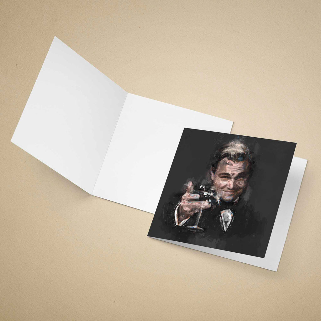 Greeting card of a stylised artwork of The Great Gatsby celebratory cheers on a beige background.