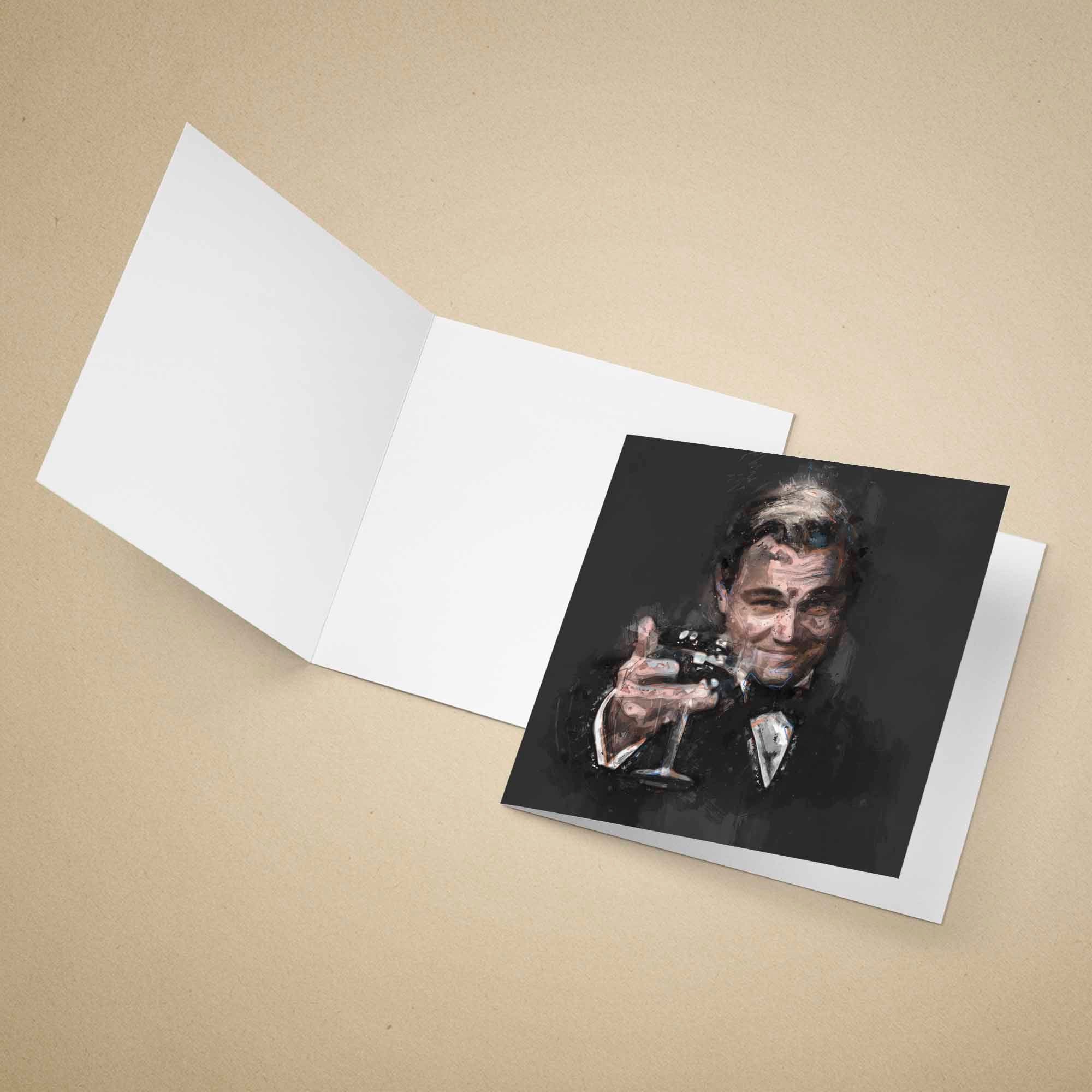 Greeting card of a stylised artwork of The Great Gatsby celebratory cheers on a beige background.