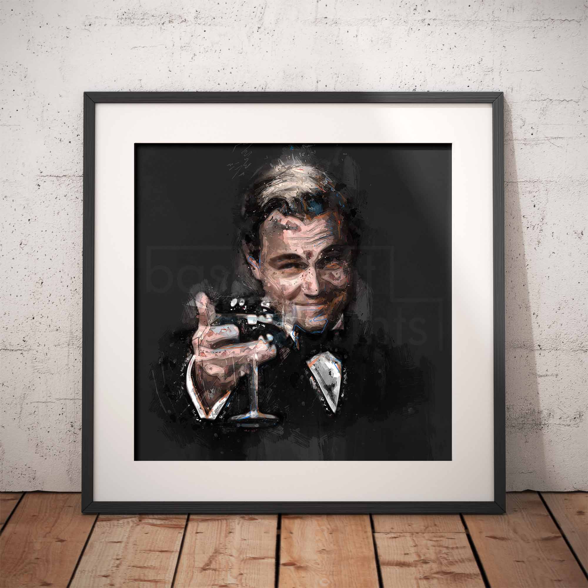 Framed stylised artwork of The Great Gatsby celebratory cheers on a white wall and wooden floor.
