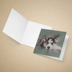 Greeting card with a husky dog illustration on a beige background